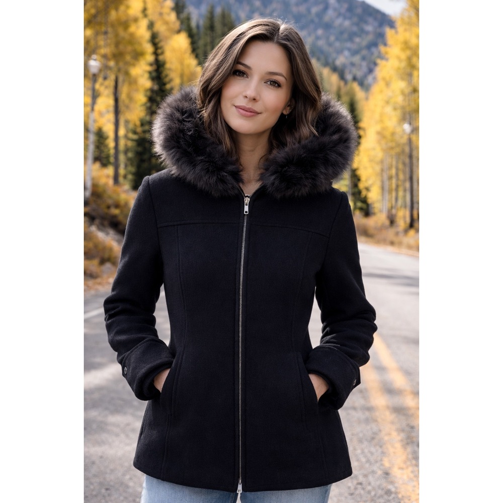 MDP Designs New York Black 100% Wool Fox Fur Trim Hooded Jacket Coat Womens M